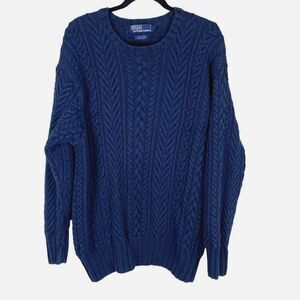Vintage Polo Ralph Lauren Mens Hand-knit Cable Knit Crewneck Sweater Sz XL Blue